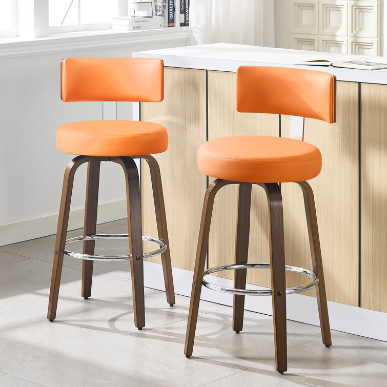 Orange Swivel Upholstered Bar Stools with Wood Legs, Set of 3