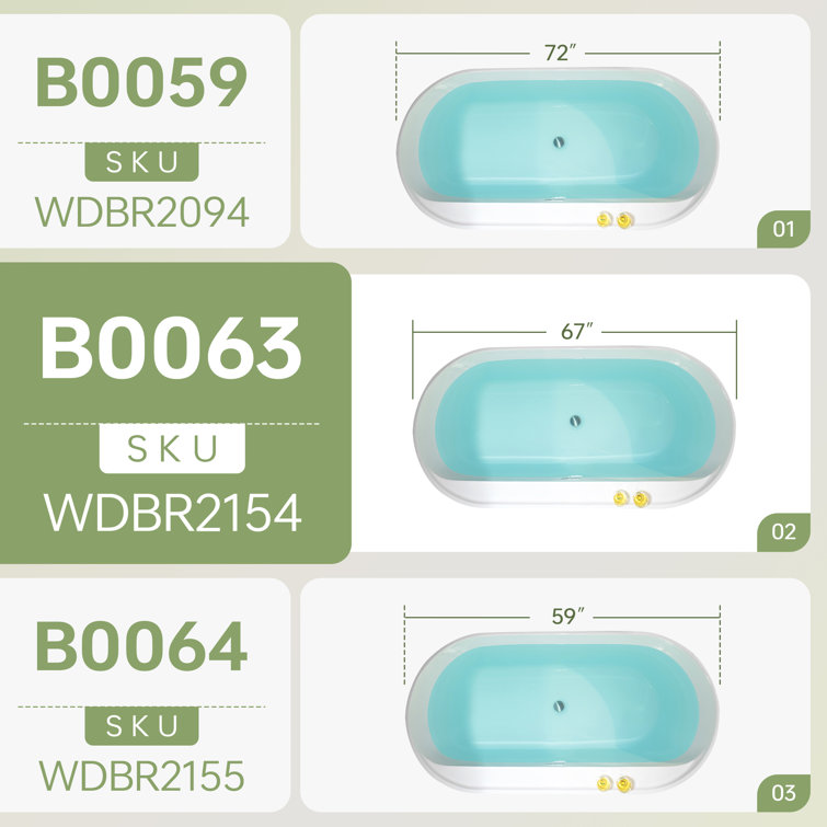 67'' White Acrylic Freestanding Soaking Bathtub with Chrome Drain