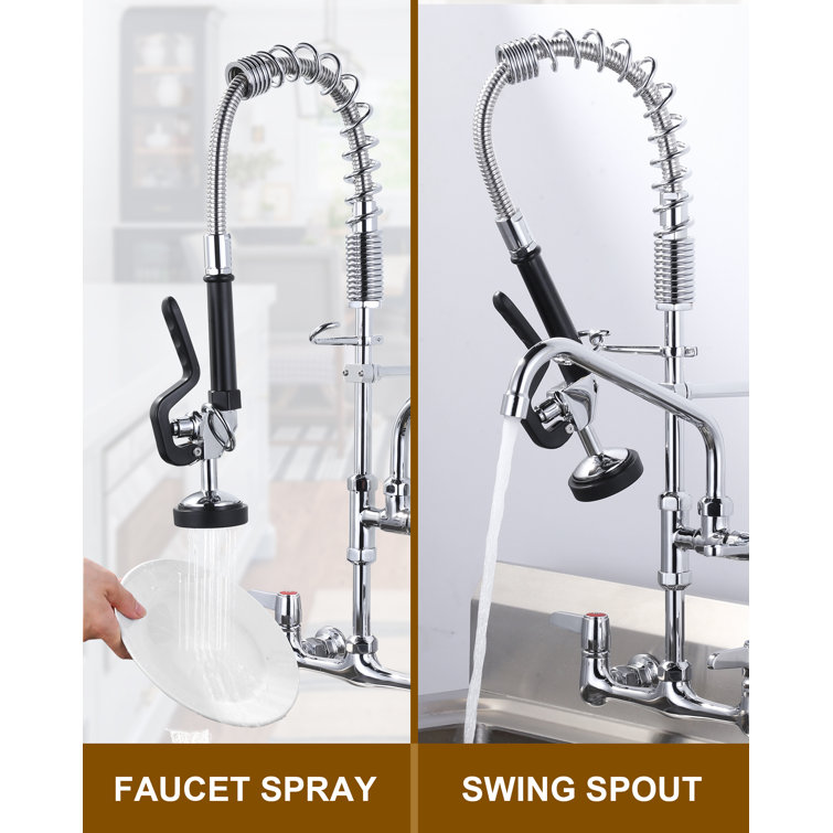 25-Inch Chrome Wall Mount Triple Handle Commercial Kitchen Faucet with Pull-Out Spray