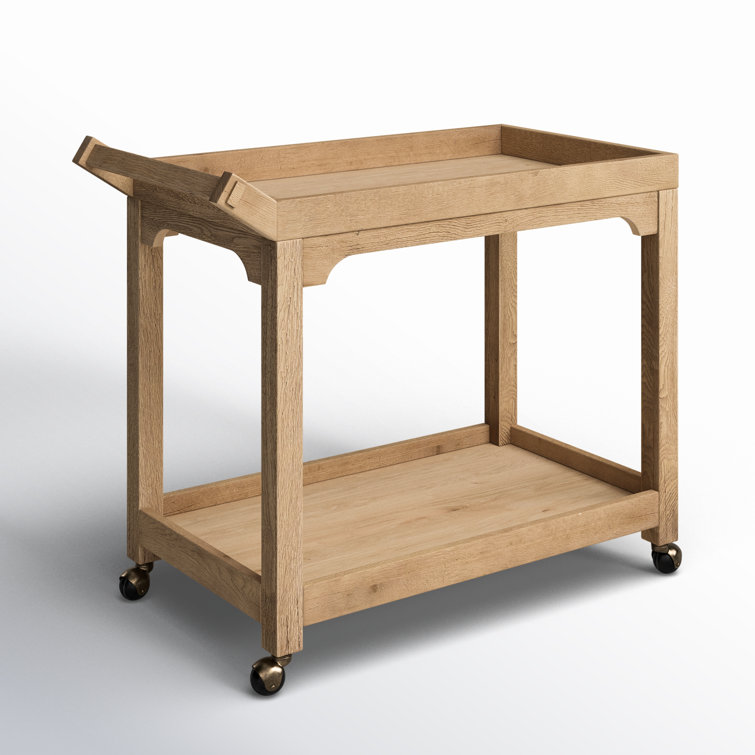 Worn Oak Wood Bar Cart with Storage and Metal Casters
