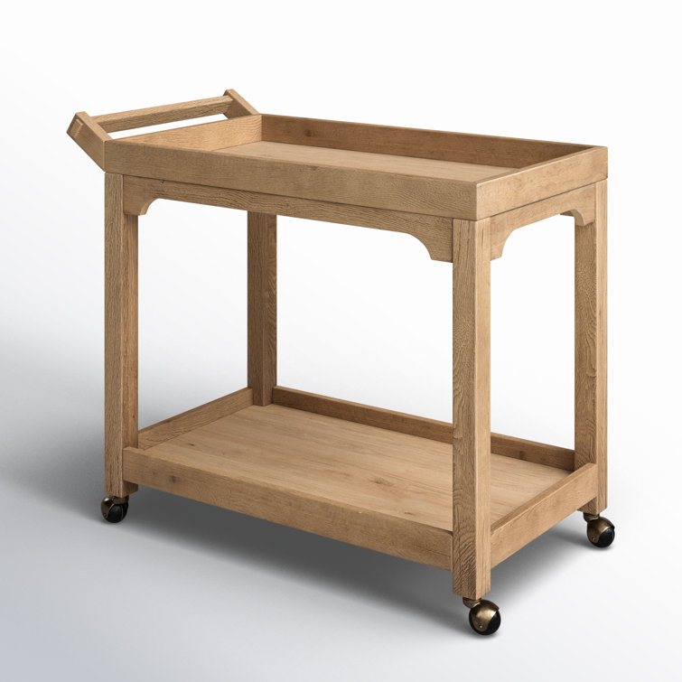 Worn Oak Wood Bar Cart with Storage and Metal Casters