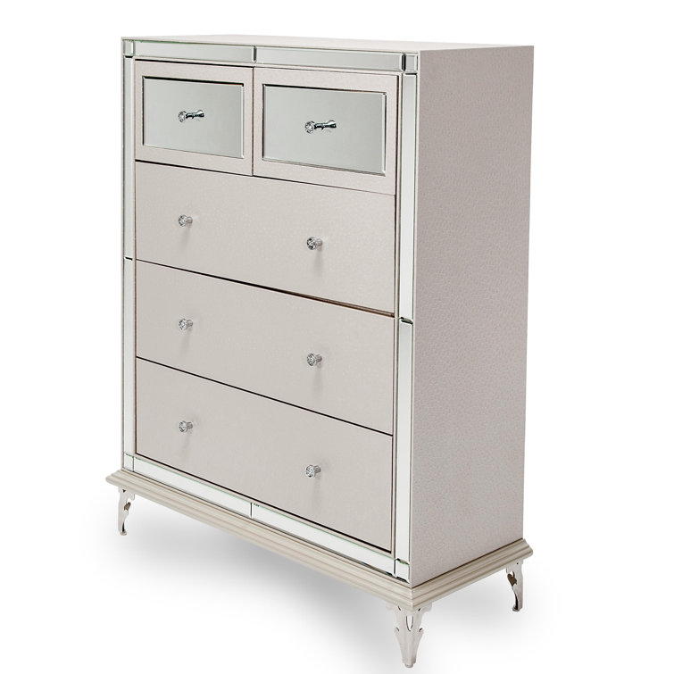 Gray Mirrored 5-Drawer Soft Close Mid-Century Dresser