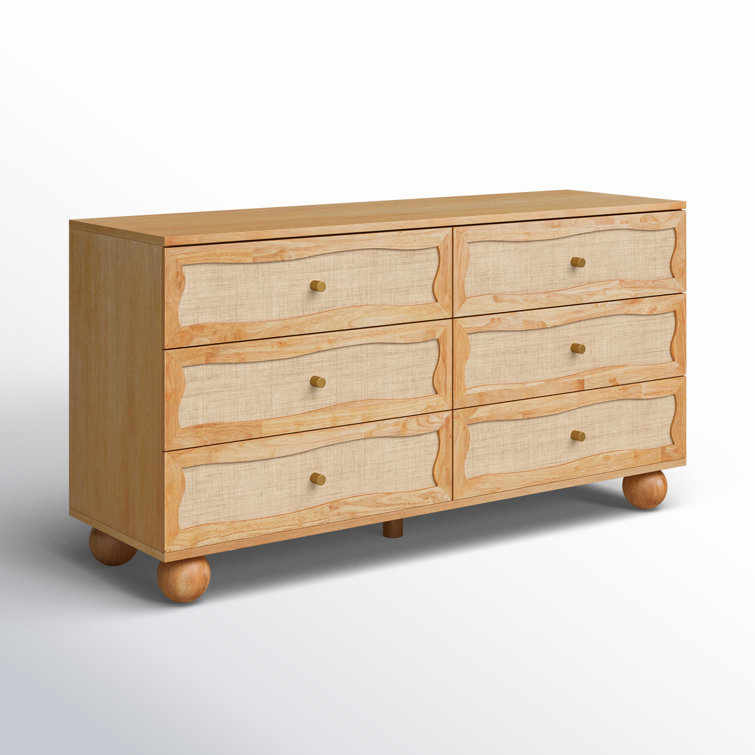 Natural Mango Wood and Rattan Coastal 6-Drawer Dresser