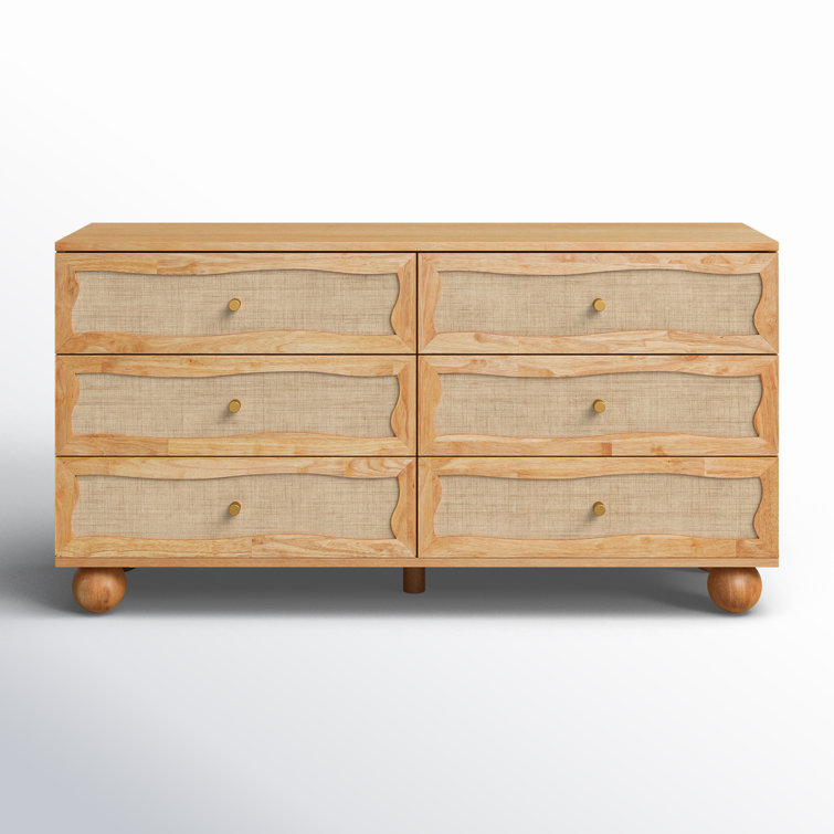 Natural Mango Wood and Rattan Coastal 6-Drawer Dresser