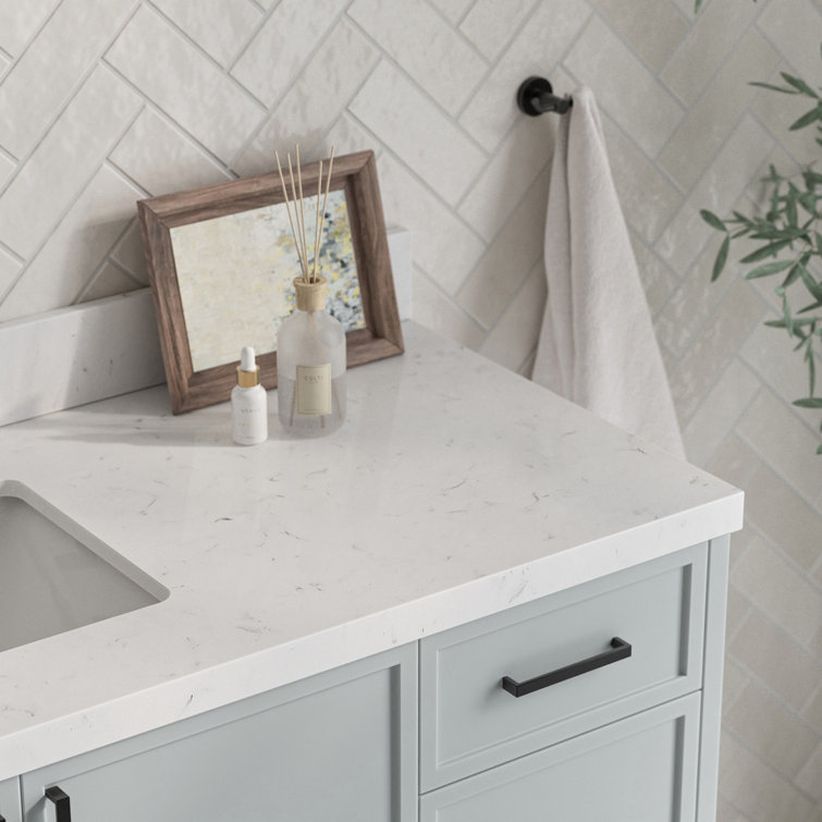 Gray Solid Wood Single Sink Bathroom Vanity with Carrara Quartz Top