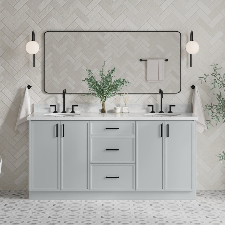 Gray Double Sink Freestanding Bathroom Vanity with Marble Top