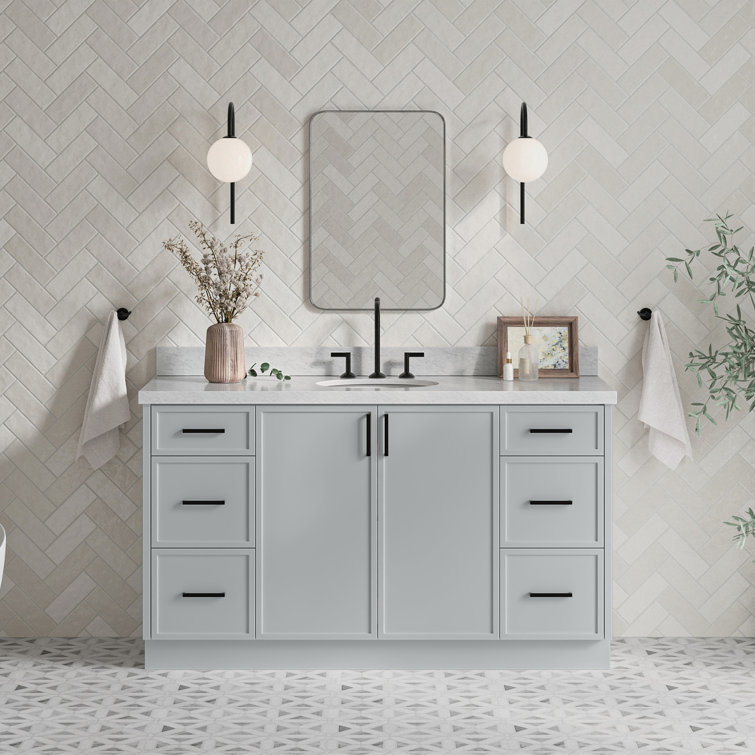 Gray Solid Wood Freestanding Single Sink Bathroom Vanity with Marble Top