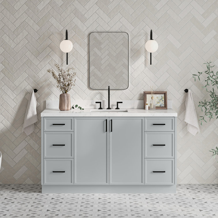 Gray Solid Wood Single Sink Bathroom Vanity with Carrara Quartz Top