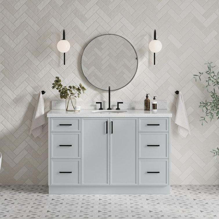 Gray Single Sink Bathroom Vanity with Italian Carrara Marble Top