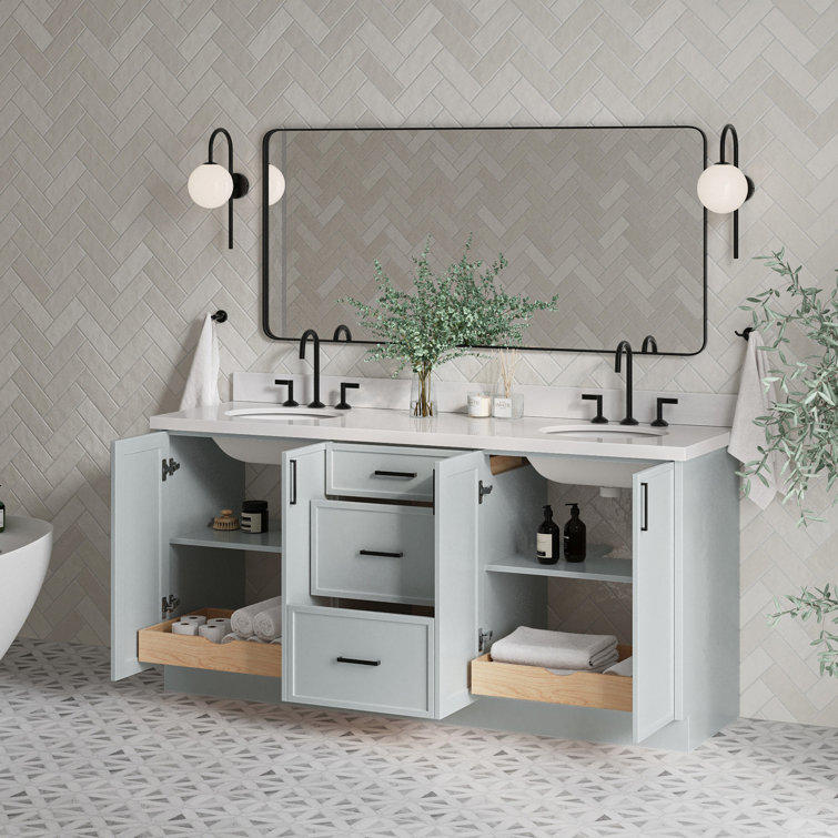 Gray Double Sink Bathroom Vanity with Quartz Top