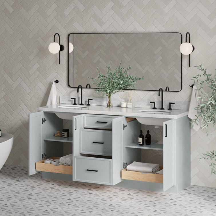 Gray Double Sink Freestanding Bathroom Vanity with Marble Top