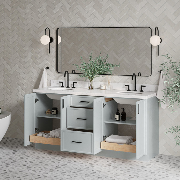 Gray Solid Wood Double Sink Bathroom Vanity with Carrara Quartz Top