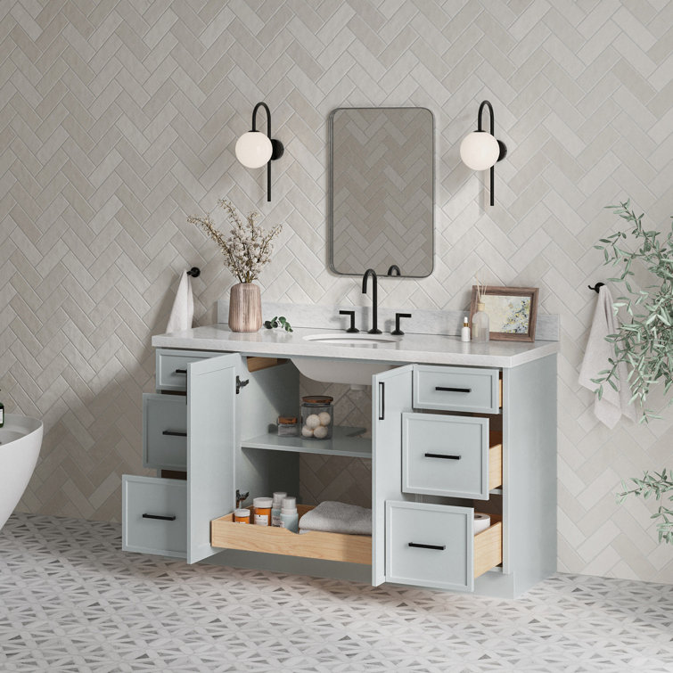 Gray Solid Wood Freestanding Single Sink Bathroom Vanity with Marble Top