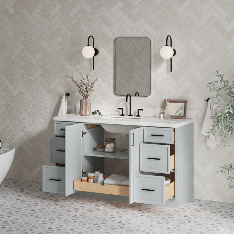 Gray Solid Wood Single Sink Bathroom Vanity with Carrara Quartz Top