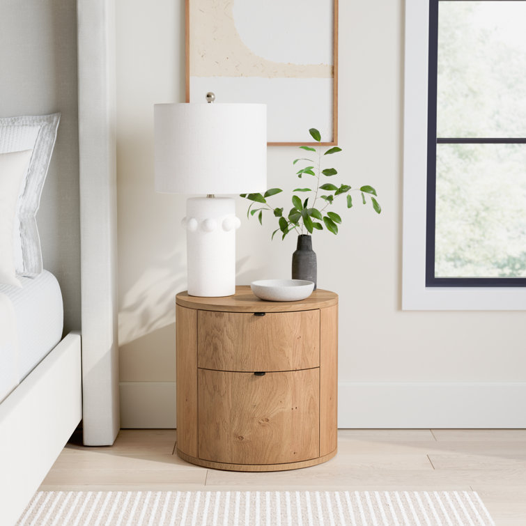 Scandinavian Solid Oak 2-Drawer Round Nightstand in Natural Brown