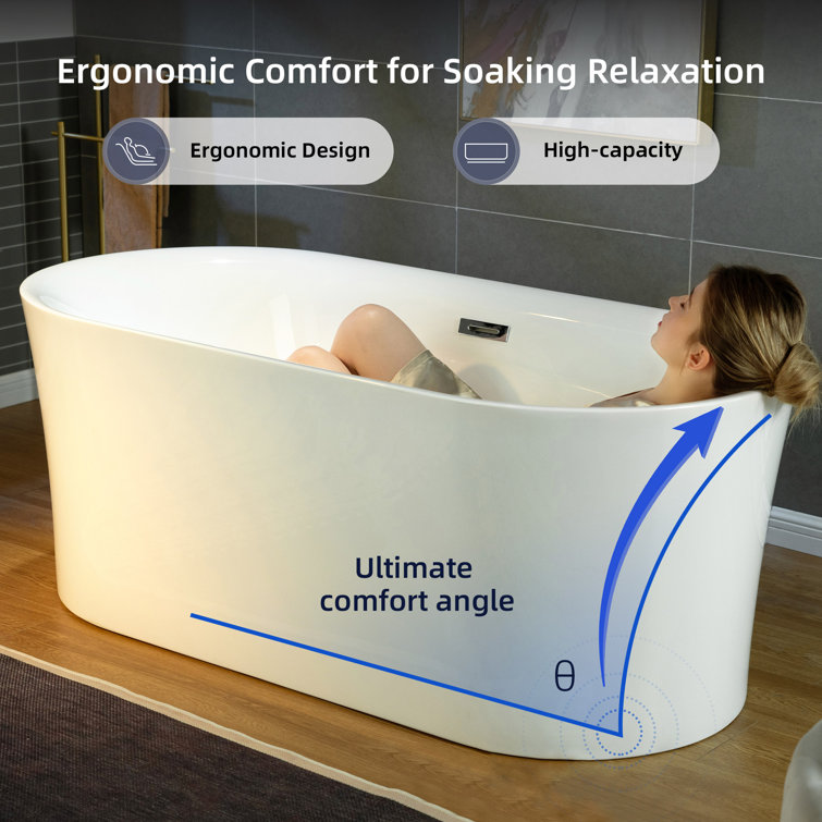 White Acrylic Oval Freestanding Soaking Bathtub with Center Drain