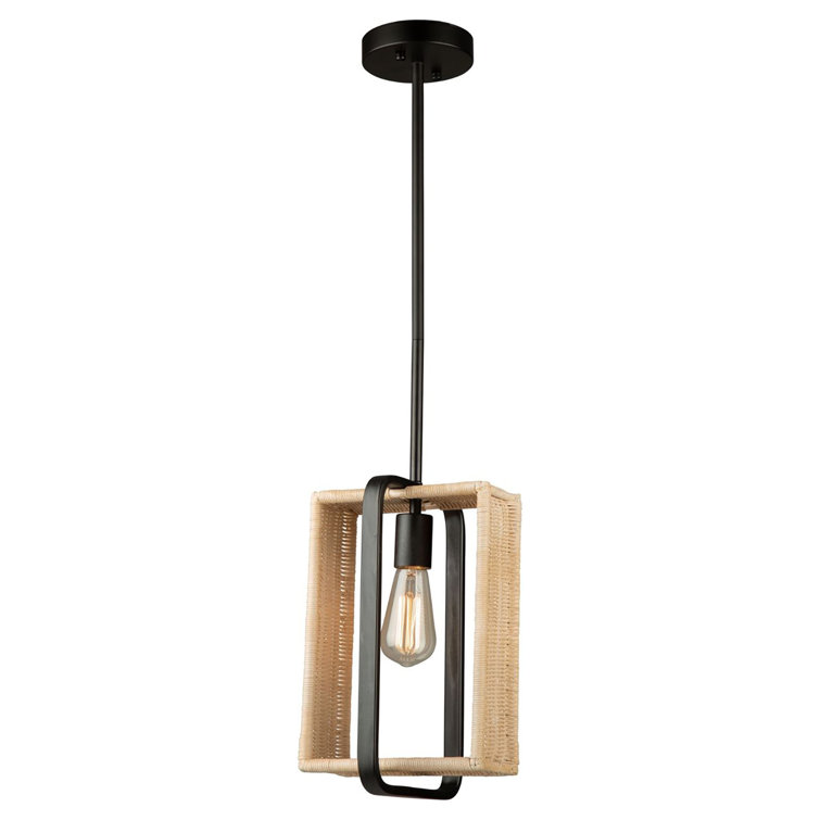 Contemporary Mini Black Glass Pendant with Rattan Shade