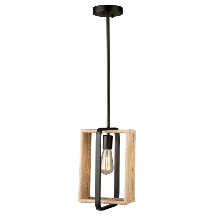 Contemporary Mini Black Glass Pendant with Rattan Shade