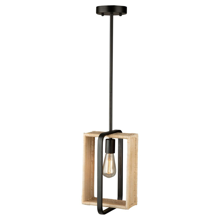 Contemporary Mini Black Glass Pendant with Rattan Shade