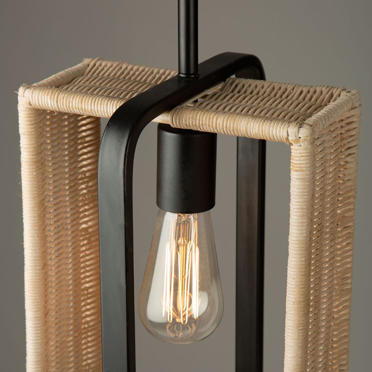 Contemporary Mini Black Glass Pendant with Rattan Shade