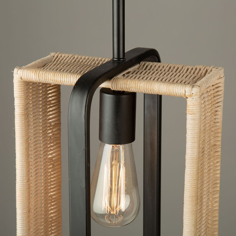 Contemporary Mini Black Glass Pendant with Rattan Shade