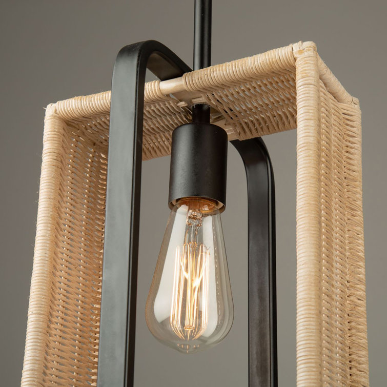 Contemporary Mini Black Glass Pendant with Rattan Shade