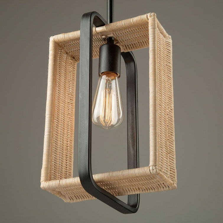 Contemporary Mini Black Glass Pendant with Rattan Shade