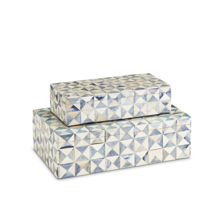 Blue and White Geometric Wood Lidded Box Set