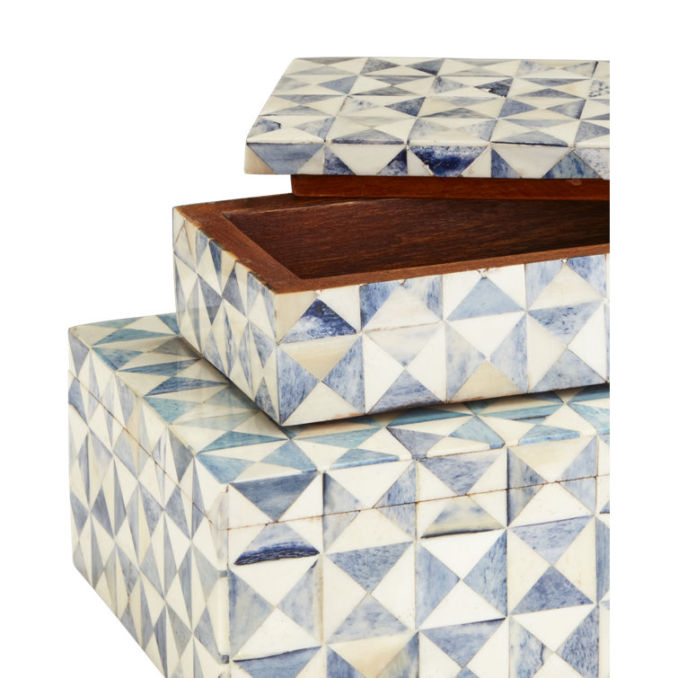 Blue and White Geometric Wood Lidded Box Set