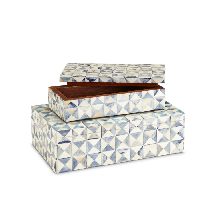 Blue and White Geometric Wood Lidded Box Set