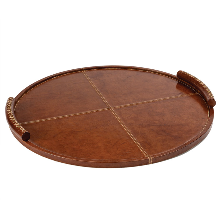 Large Round Tan Leather Tray with Stitched Handles