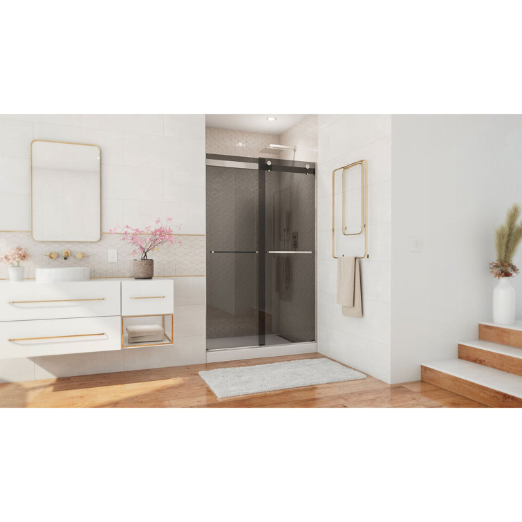 Essence Frameless Smoke Gray Glass Sliding Shower Door with Brushed Nickel Hardware