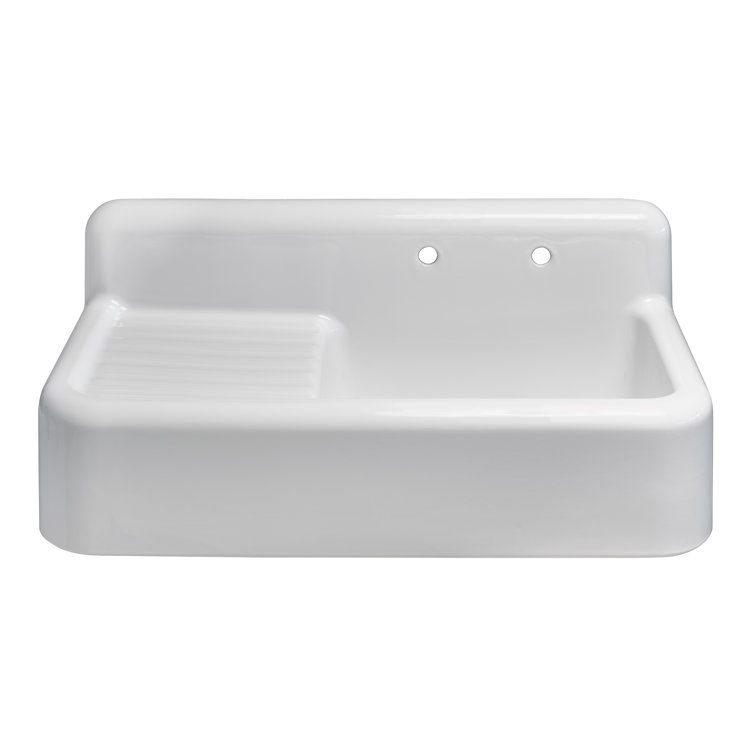 White Fireclay Farmhouse Sink with Drainboard and High Backsplash