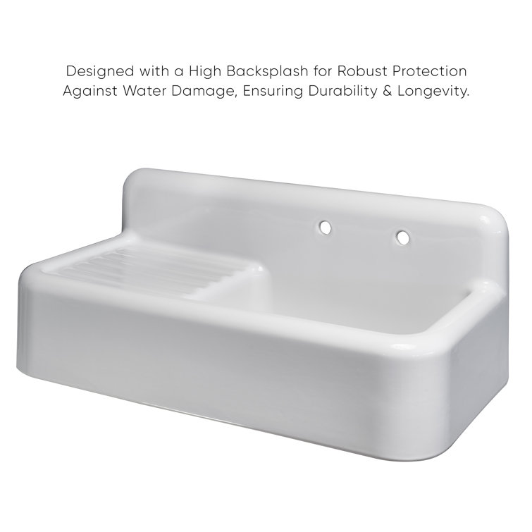 White Fireclay Farmhouse Sink with Drainboard and High Backsplash