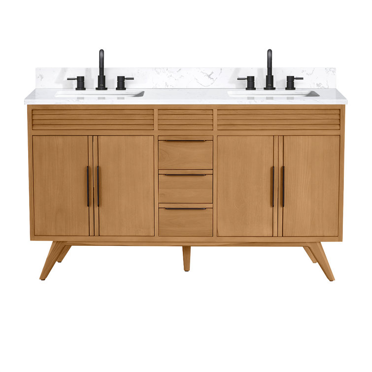 Taylor 61" Natural Teak Double Sink Vanity with White Stone Top