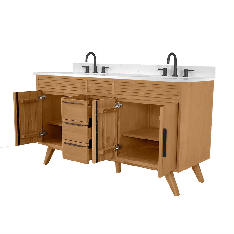 Taylor 61" Natural Teak Double Sink Vanity with White Stone Top