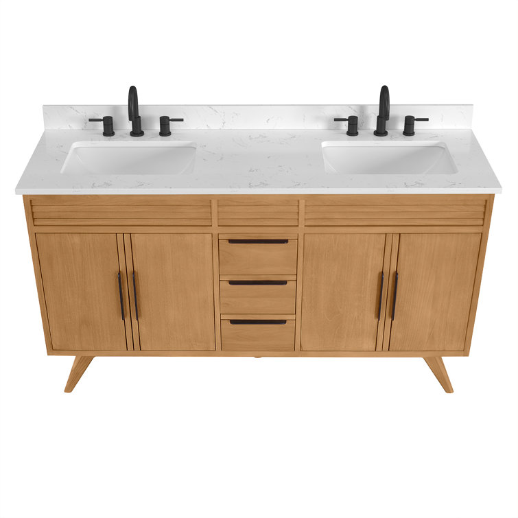 Taylor 61" Natural Teak Double Sink Vanity with White Stone Top