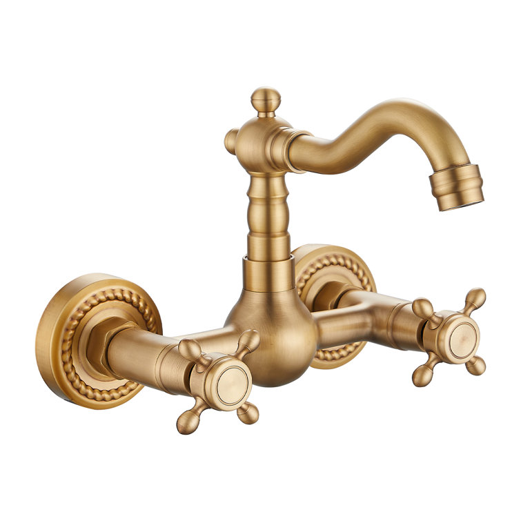 Antique Brass Wall Mounted Kitchen & Bathroom Sink Faucet with Double Cross Handle