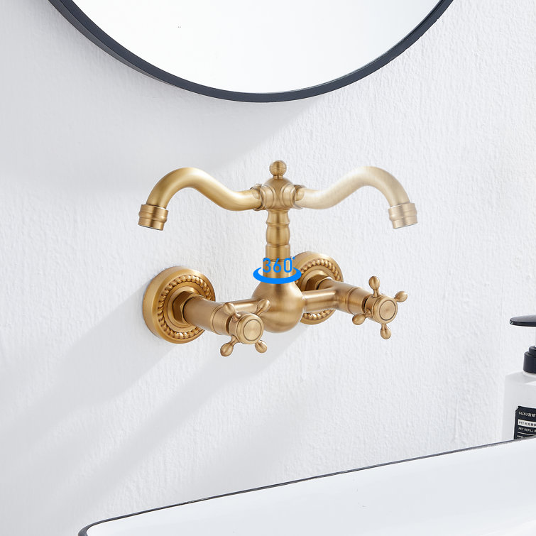 Antique Brass Wall Mounted Kitchen & Bathroom Sink Faucet with Double Cross Handle
