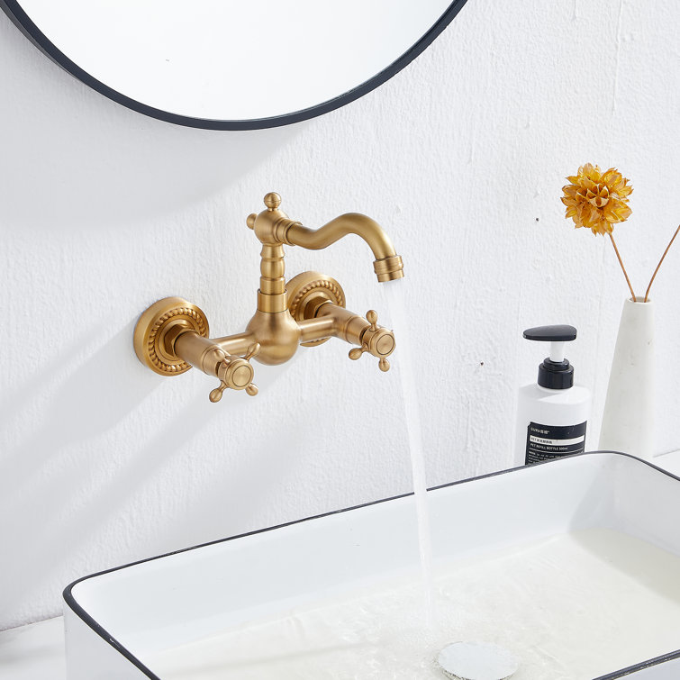 Antique Brass Wall Mounted Kitchen & Bathroom Sink Faucet with Double Cross Handle