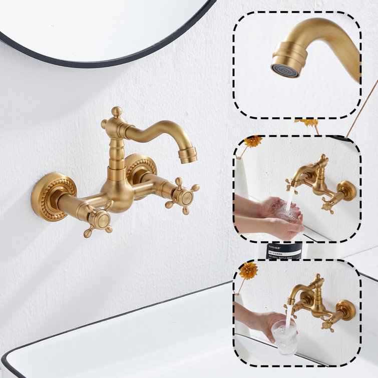 Antique Brass Wall Mounted Kitchen & Bathroom Sink Faucet with Double Cross Handle