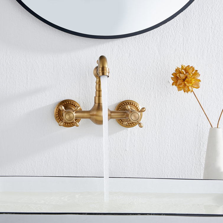 Antique Brass Wall Mounted Kitchen & Bathroom Sink Faucet with Double Cross Handle