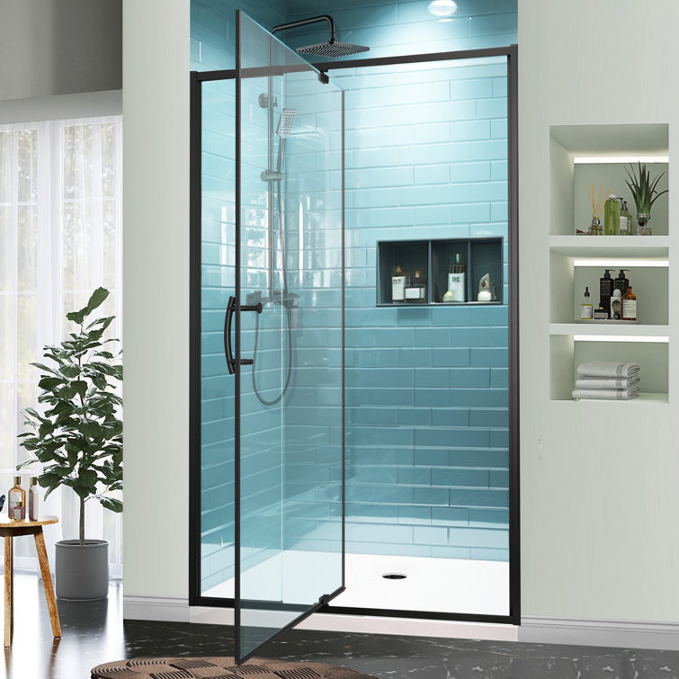 42 in. Matte Black Semi-Frameless Pivot Shower Door with Clear Glass