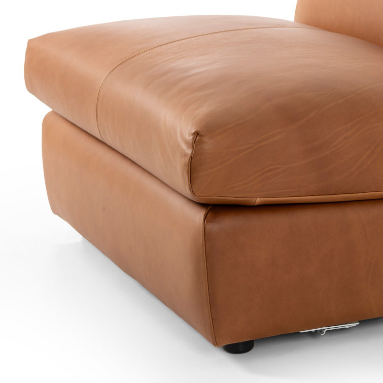 Cognac Leather Armless Side Chair with Feather-Wrapped Cushion