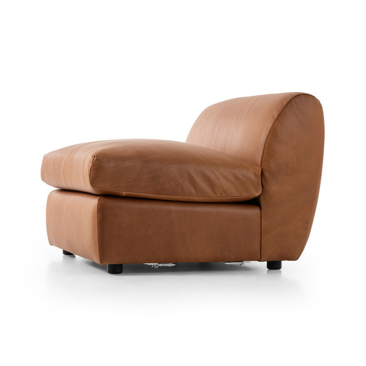 Cognac Leather Armless Side Chair with Feather-Wrapped Cushion