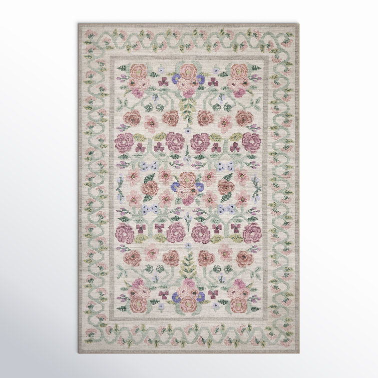 Ivory Floral Synthetic Rectangular Area Rug 3'-9" x 5'-6"