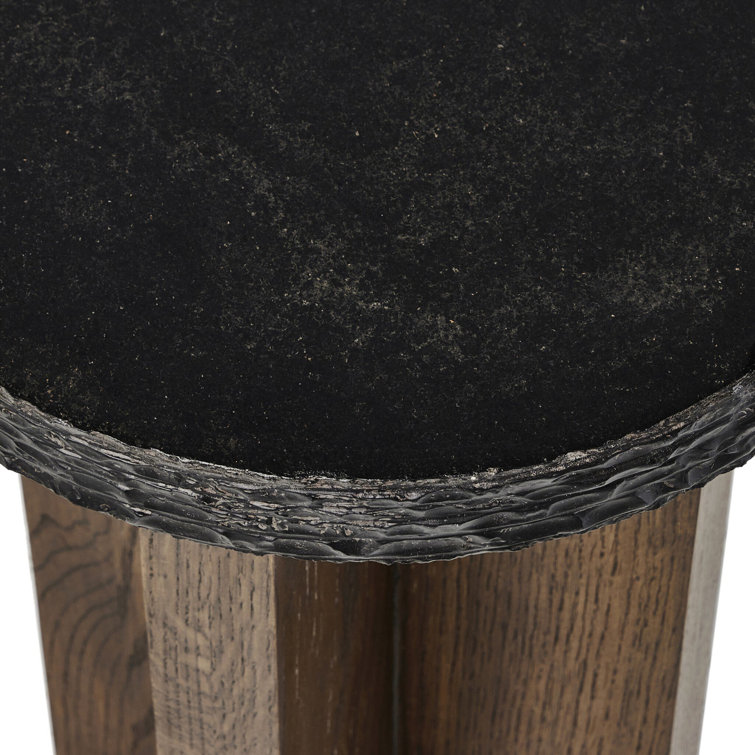 Small Round Black Stone and Oak End Table