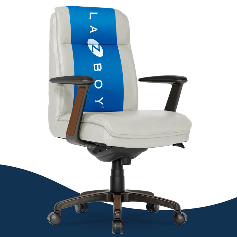 White Leather and Wood Swivel Executive Office Chair with Lumbar Support
