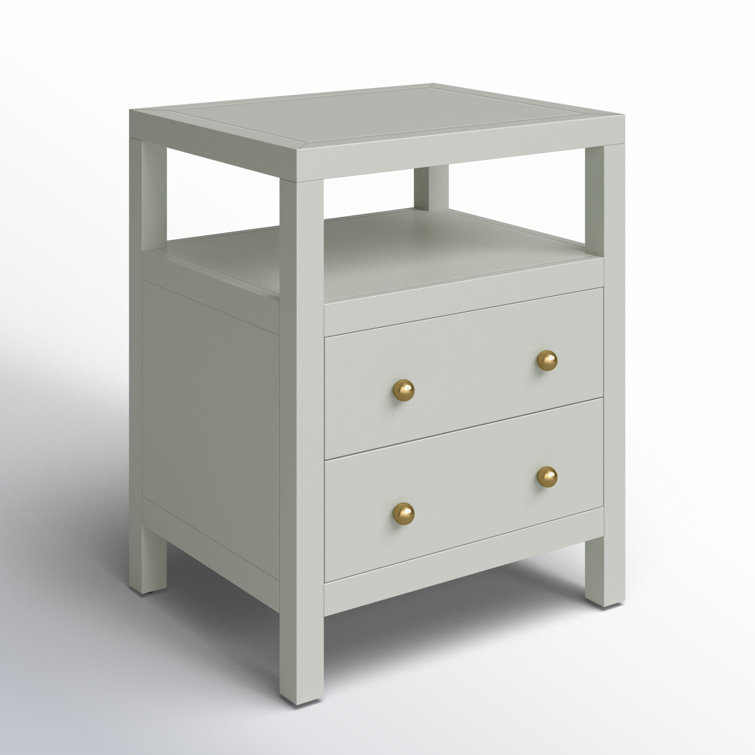 Sage Green 2-Drawer Nightstand with Open Shelf