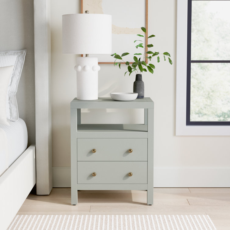 Sage Green 2-Drawer Nightstand with Open Shelf